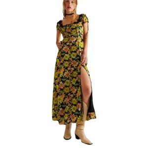 Free People Pippa Midi Dress in Black Green Floral M